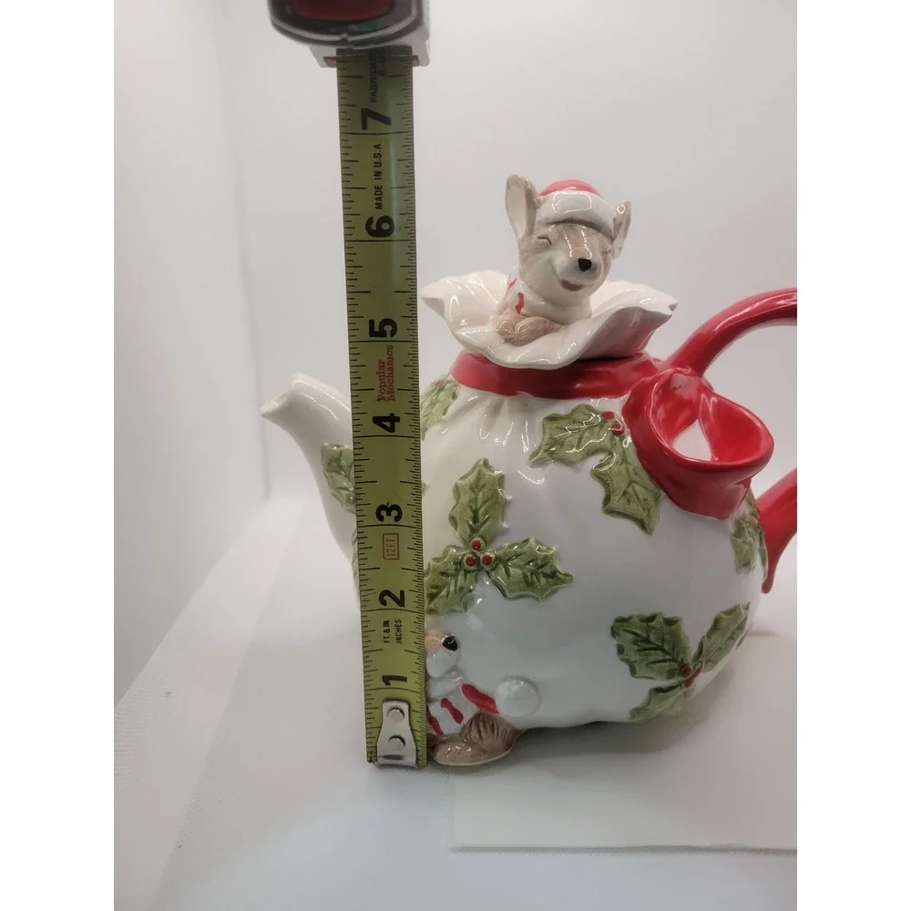 Vtg Omnibus Christmas Mice Holly Berry Ceramic Teapot Holiday Decor